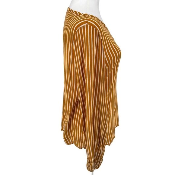 🌟 EVERLY Mustard Yellow & White Striped Long Sleeve Blouse Boho Chic V-Neck Top - Picture 6 of 10